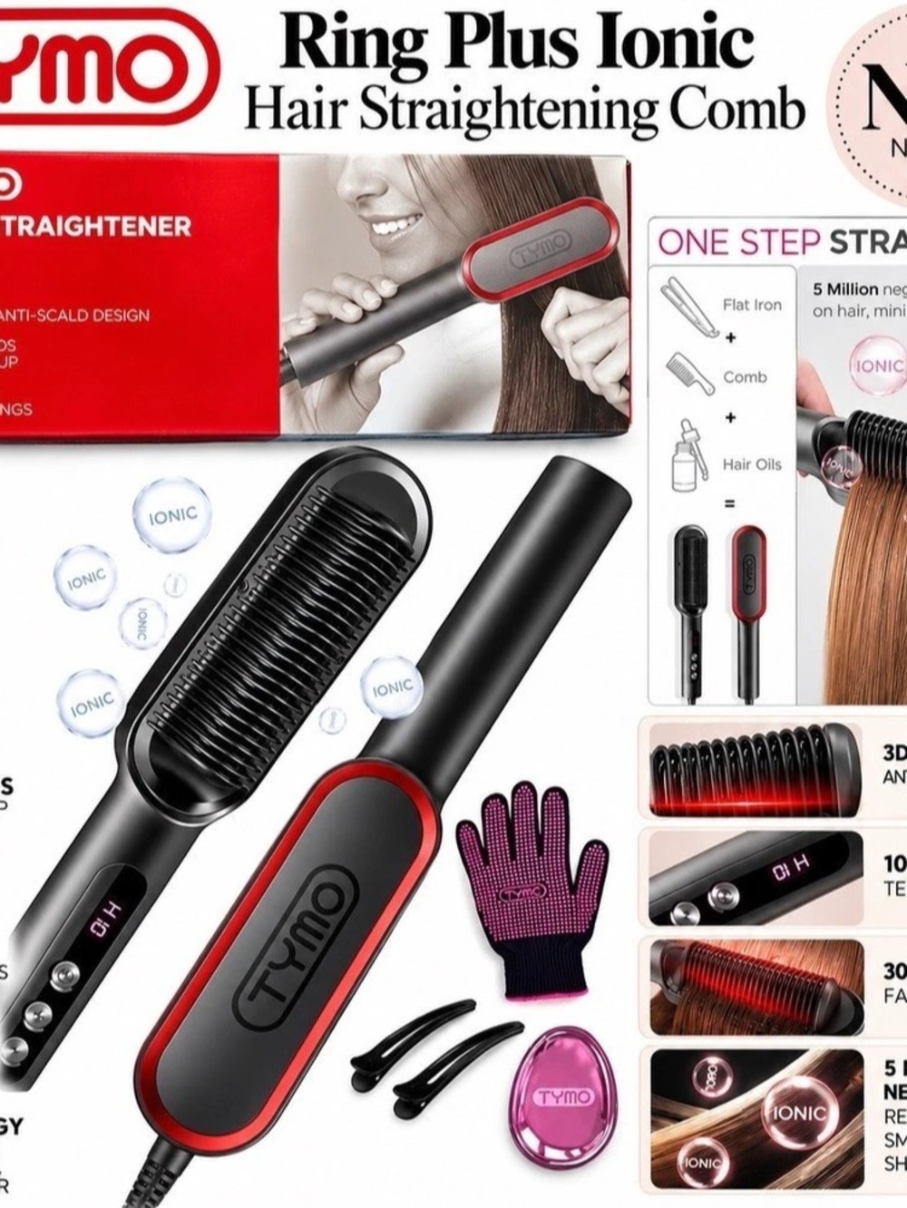 TYMO Ring Plus Ionic Hair Straightening Comb Hair Straightening Comb NWT